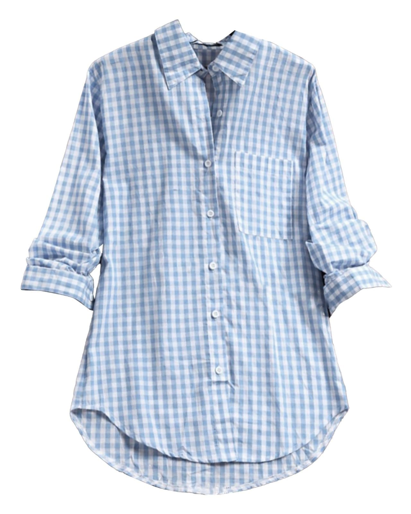 Blusa Charlotte para mujer verano – Cuadros, cuello en V, abotonada, mangas largas