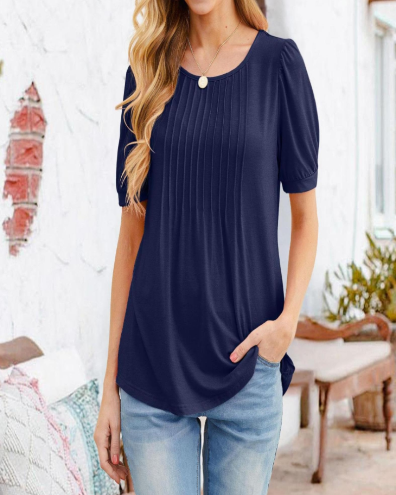 Lena T-Shirt Femme Été – Floral Col Rond Plissé Manches Courtes