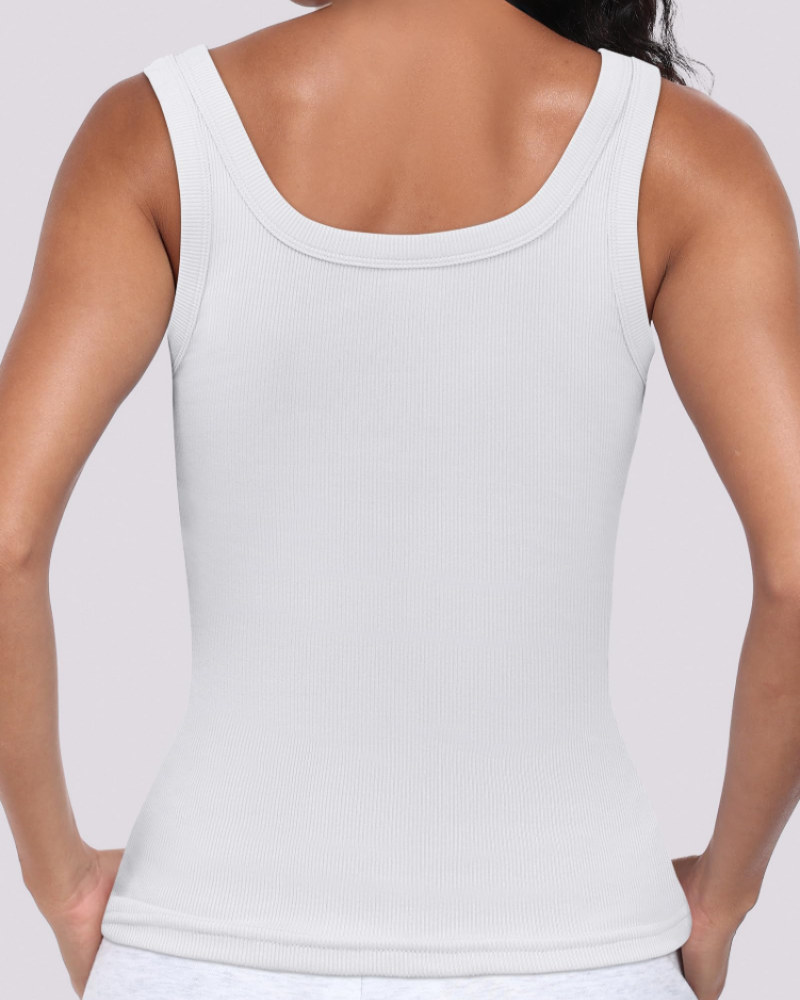 Naomi Dames Ribgebreide Top – Strakke Mouwloze Top met Ronde Hals en Diepe Uitsnijding