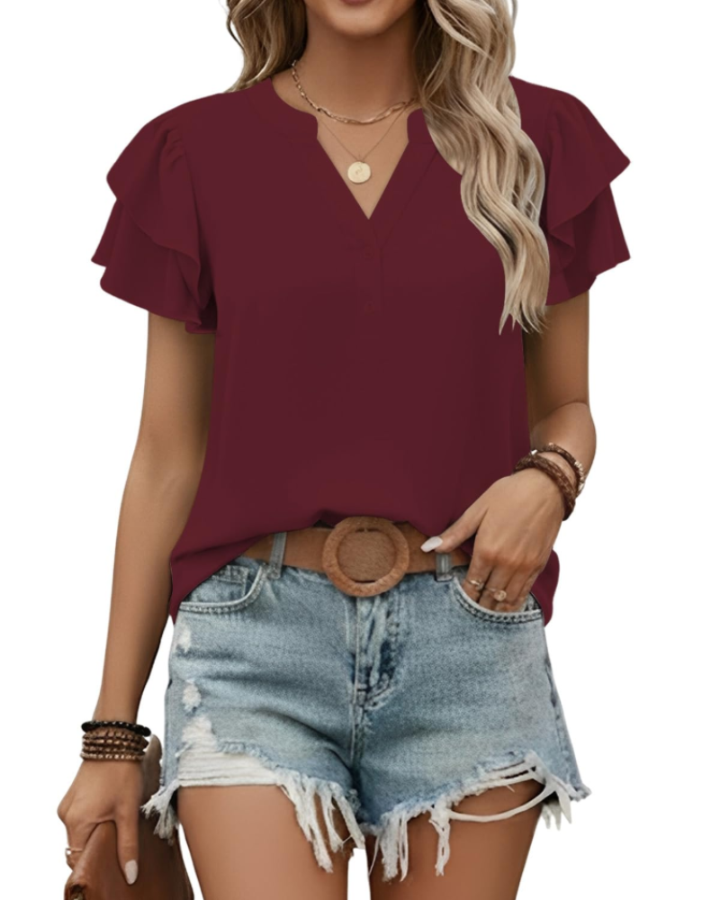 T-shirt Adele Mulher Verão – Decote em V Mangas Curtas Assimétricas