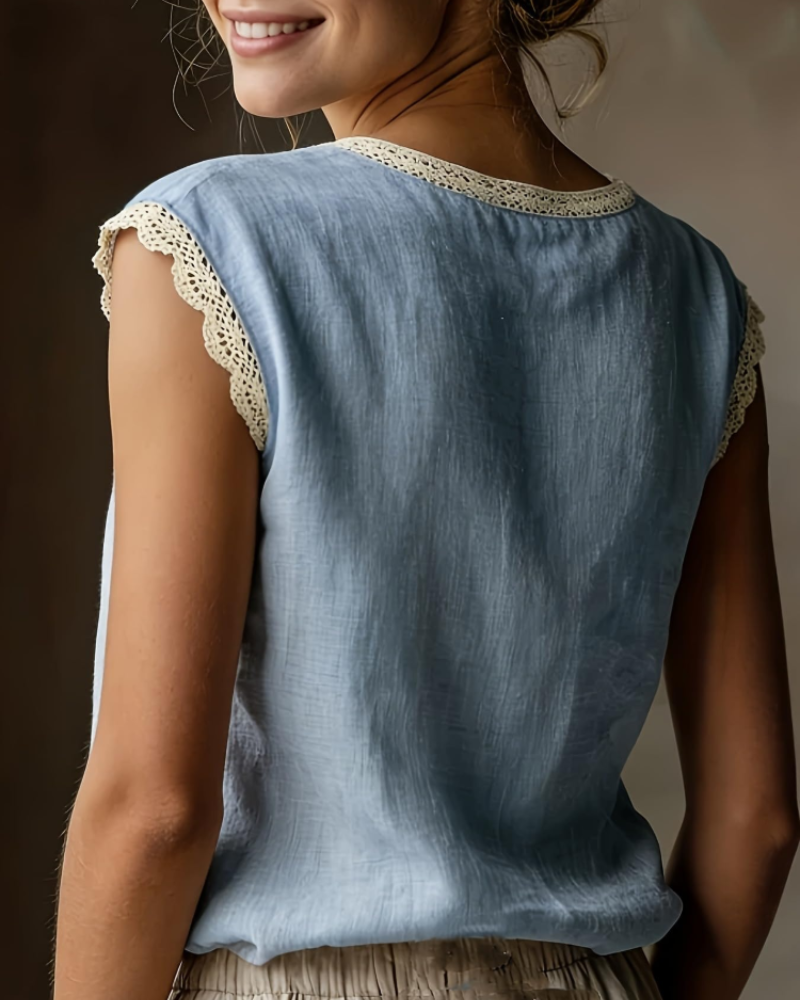 Florabelle Chemisier Femme Effet Lin – Blouse Dentelle Manches Courtes Élégante