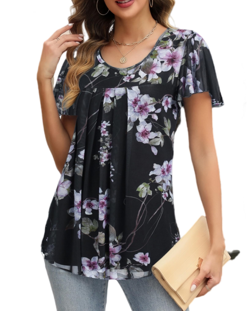 Clara Women's Summer Blouse – Floral Round Neck Double Layer