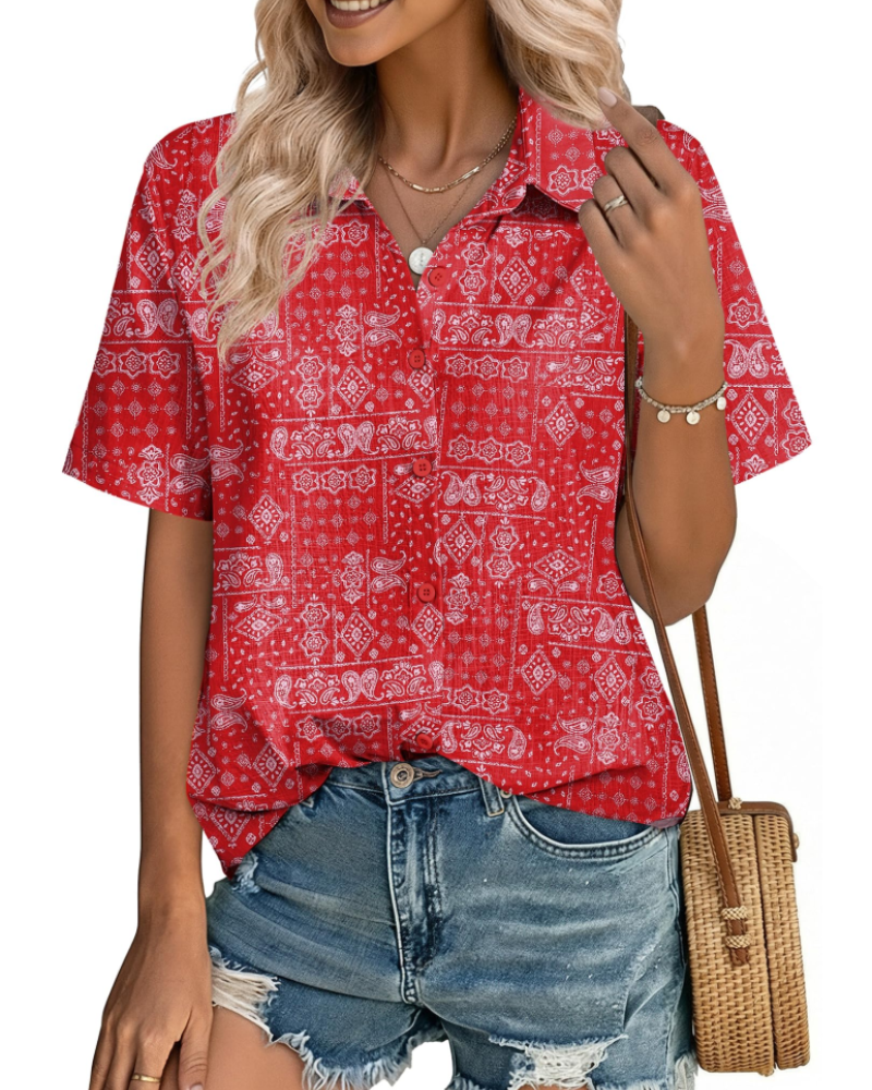 Phia Chemisier Femme en Coton-Lin – Blouse Col V Boutonnée à Manches Courtes d’Été