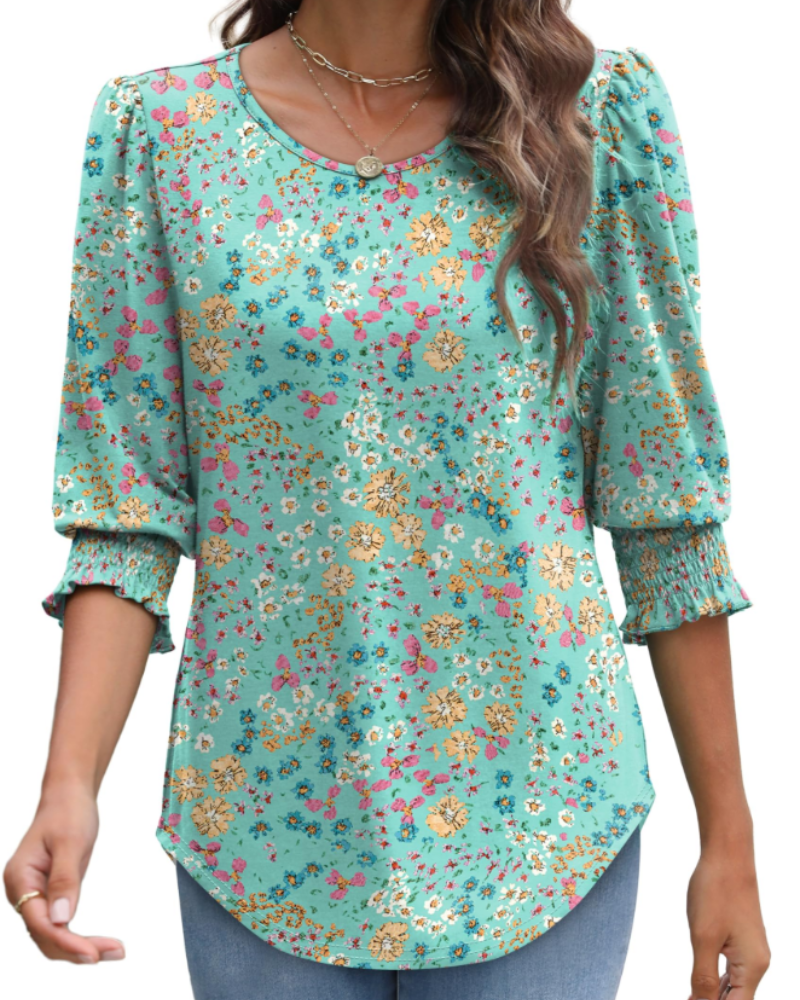 Sophie Blouse Femme Élégante – Manches 3/4 Froncées Col Rond