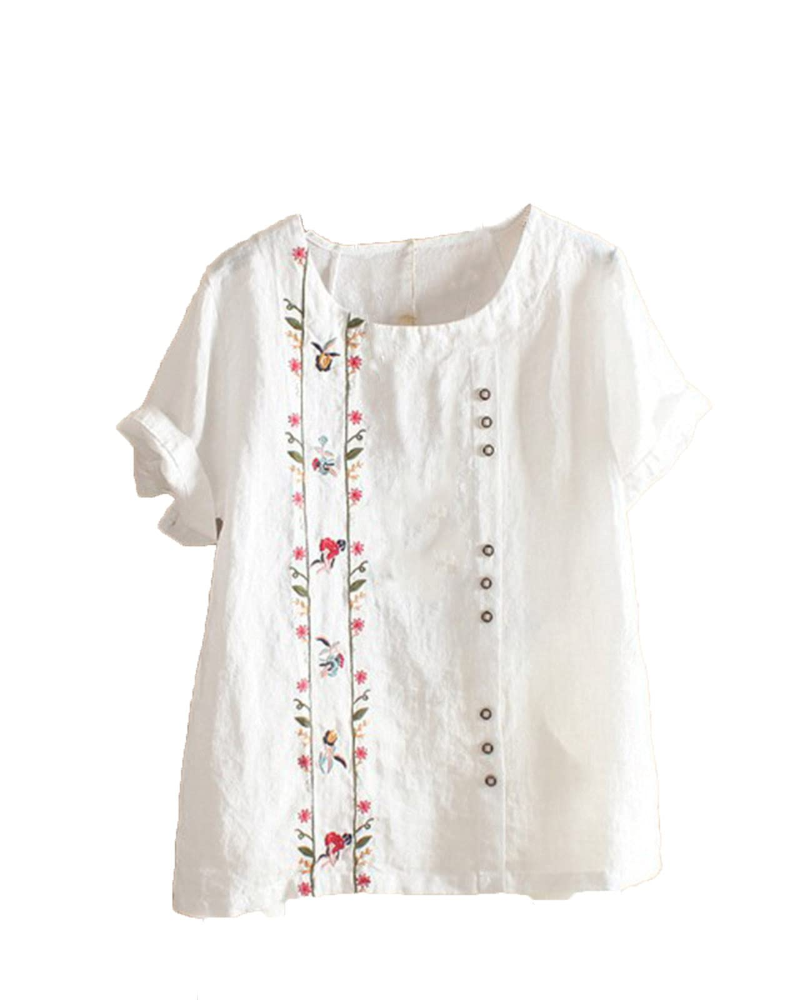 Amelia Chemisier Femme en Lin – Blouse Fleurie Coton & Lin à Manches Courtes