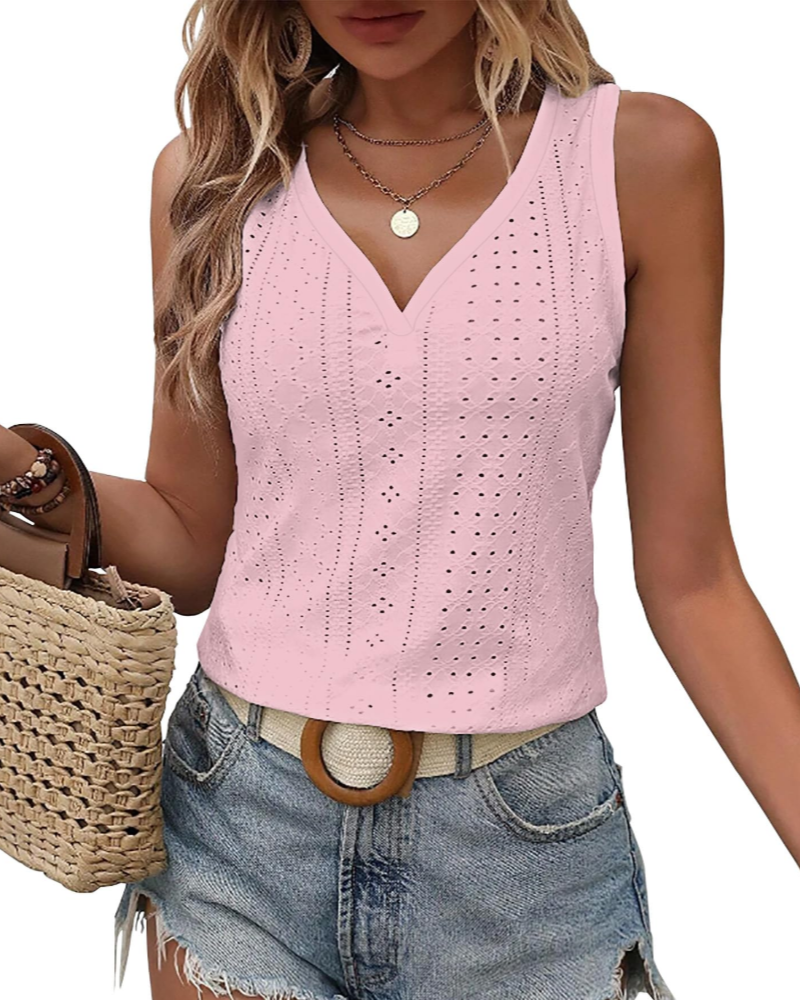 Claire Dames Topje met Borduursel – Mouwloos V-hals Elegant Geperforeerd voor de Zomer
