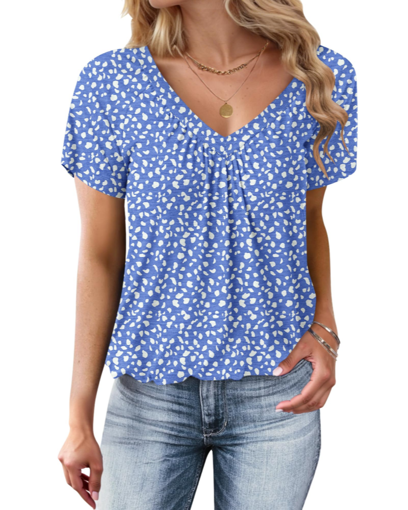 Mia Women's Summer T-Shirt – V-Neck, Bubble Hem, Loose Elegant Fit