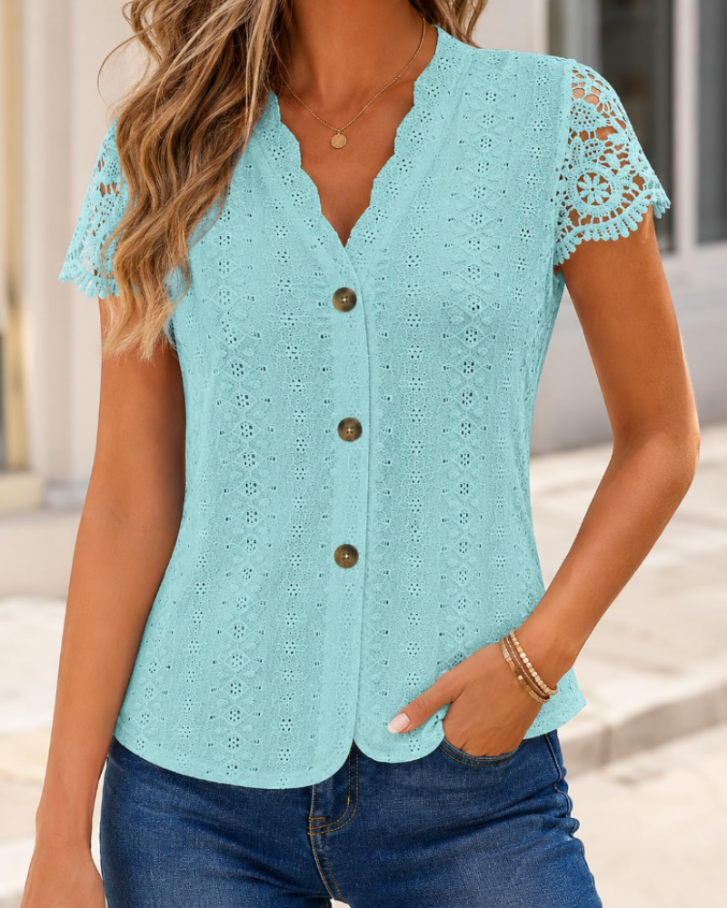 Binaaya strikket damebluse – Bluse med V-hals, 100 % bomuld, med knapper