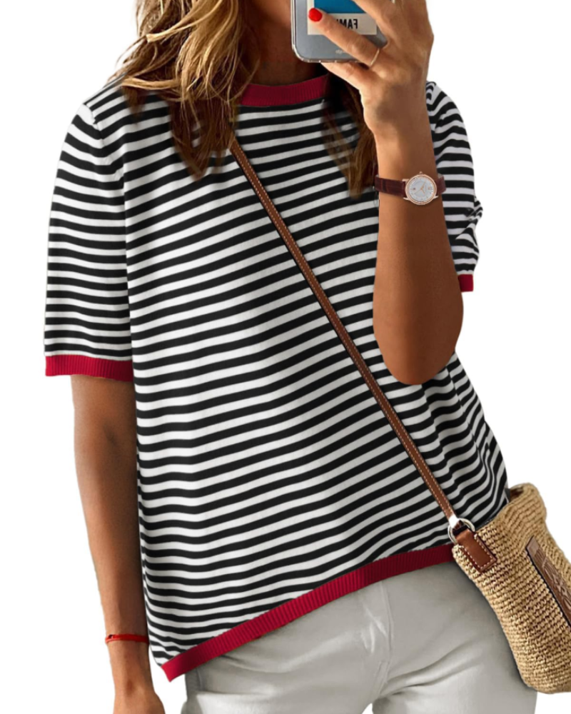 Charlotte Haut Malha Listrada Mulher – T-shirt Gola Redonda Leve com Mangas Curtas