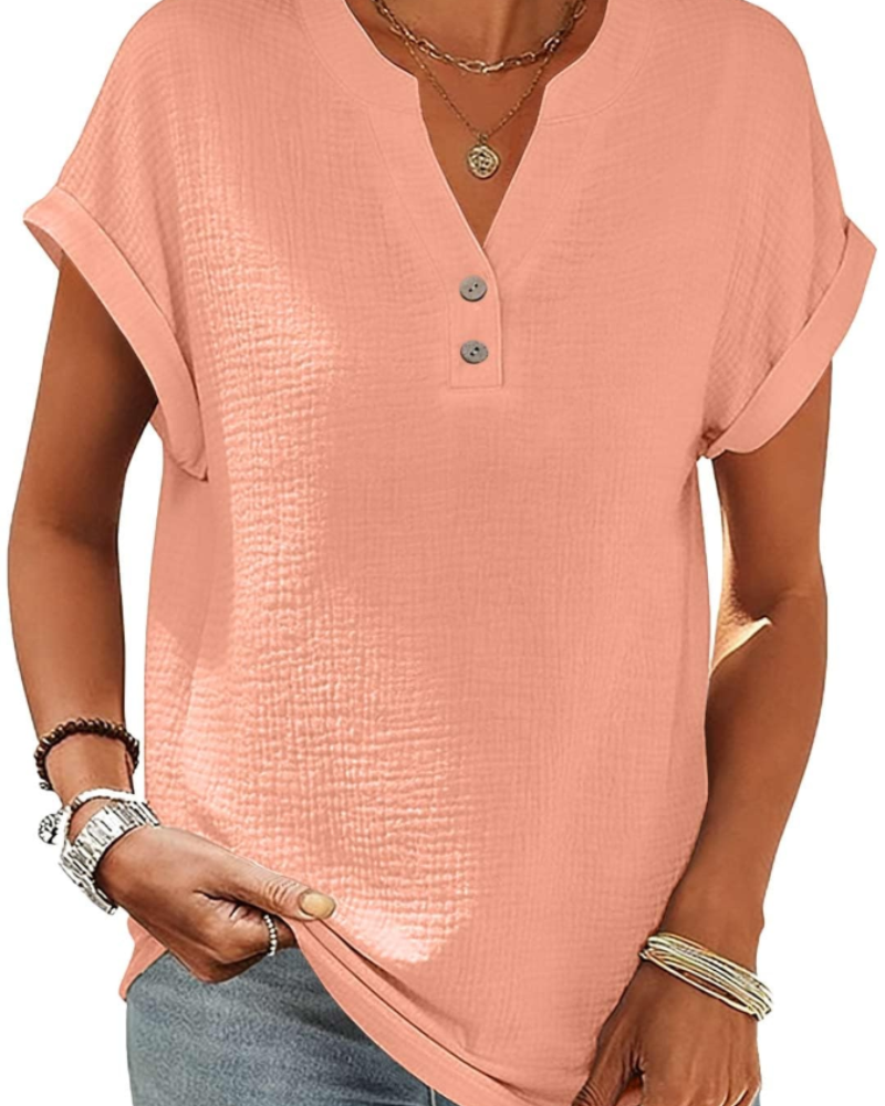 Olivia Bluse Damen Sommer – Leinen Baumwolle V-Ausschnitt Knopfleiste Kurzarm