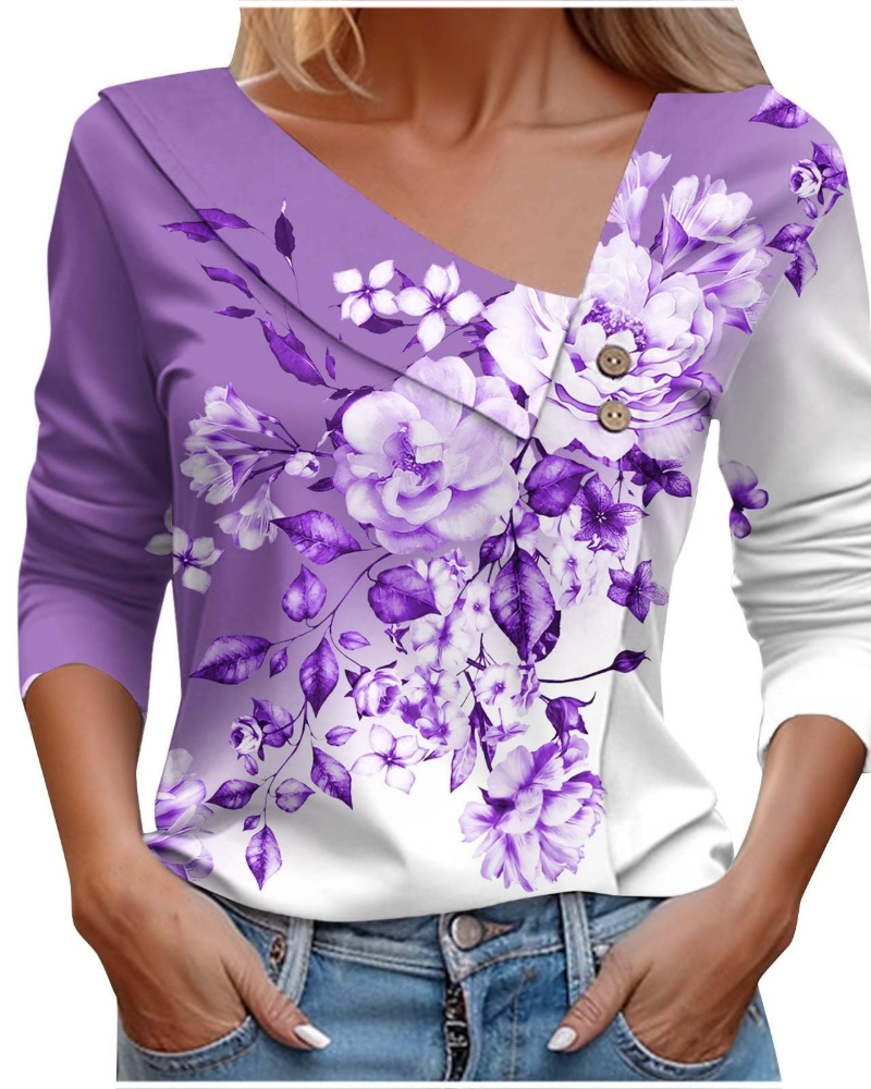 T-shirt estivo donna Emily – Scollo a V con stampa, maniche lunghe leggere