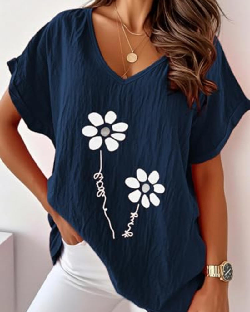 Γυναικείο T-Shirt Daisy Καλοκαίρι – Ζωντανό Ροζ V Λαιμόκοψη με Εκτύπωση Μαργαρίτες