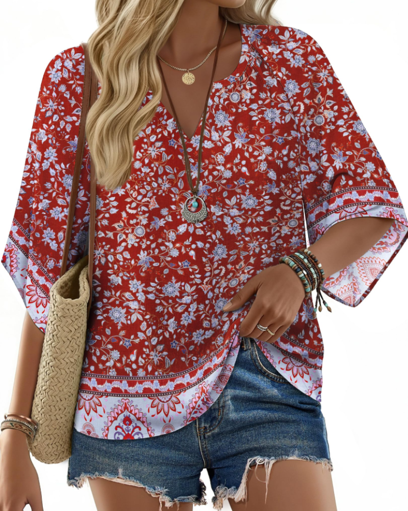 Vivienne Bohemian Women's Shirt – V-Neck Henley Blouse with Floral Print and Flared Sleeves