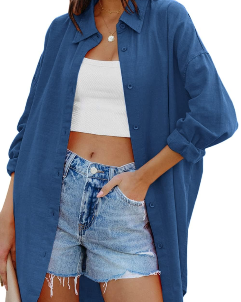 Blusa Ella Donna – Oversize con Bottoni, Maniche Lunghe e Tasche
