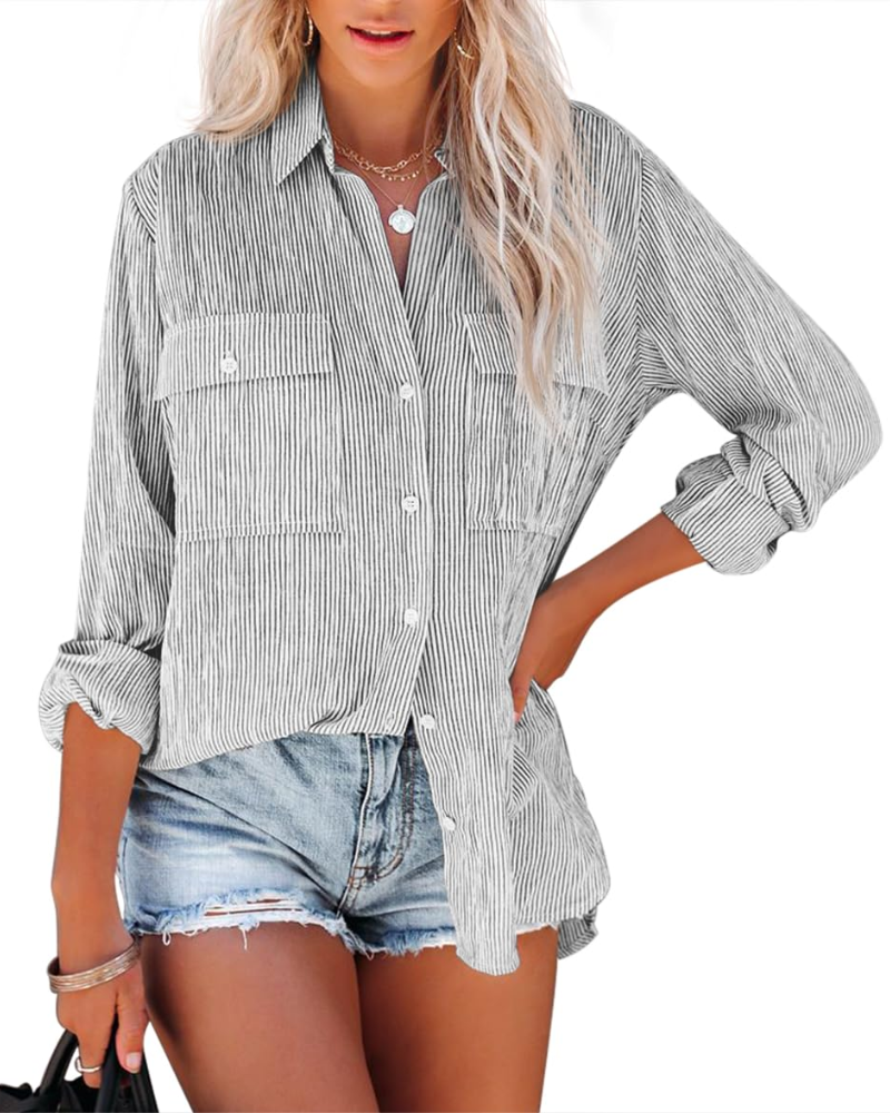 Blusa Mila Donna – Cotone a Righe, Collo a V con Bottoni, Maniche Lunghe