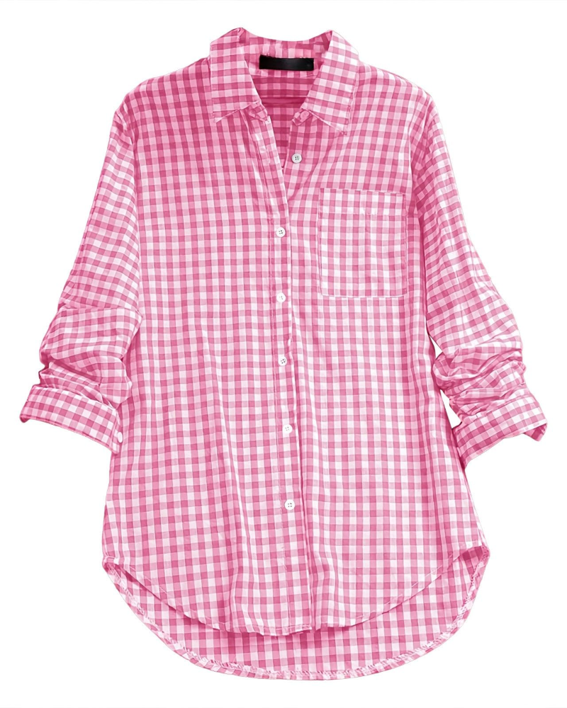 Blusa Charlotte para mujer verano – Cuadros, cuello en V, abotonada, mangas largas