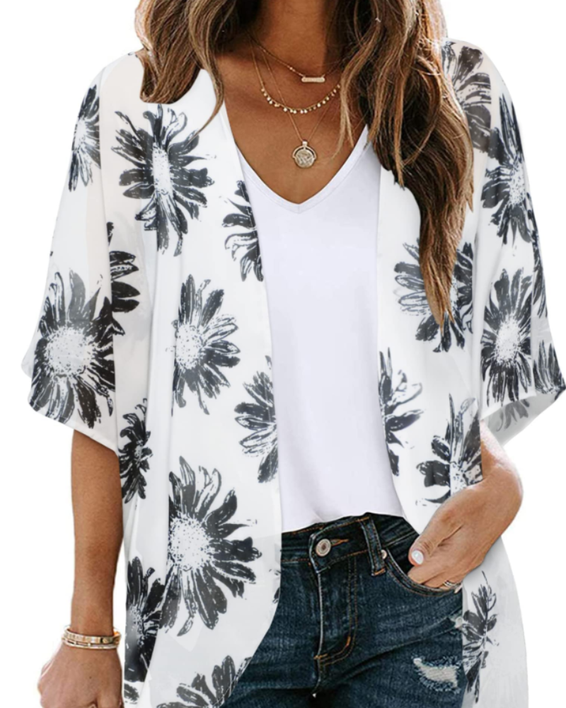 Bianca Kimono Kvinde Boheme – Let Blomstret Vest i Mousseline med 3/4-Ærmer