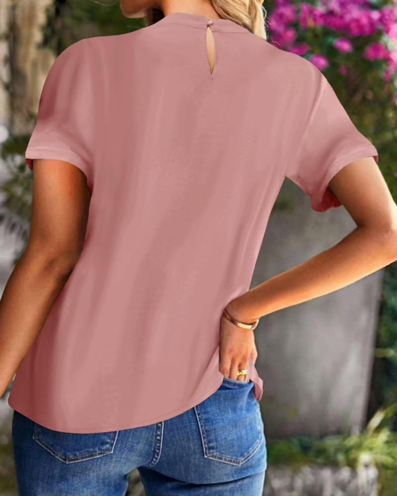 Fynlee Chemisier Plissé Femme – Blouse Mousseline Col Montant Manches Courtes