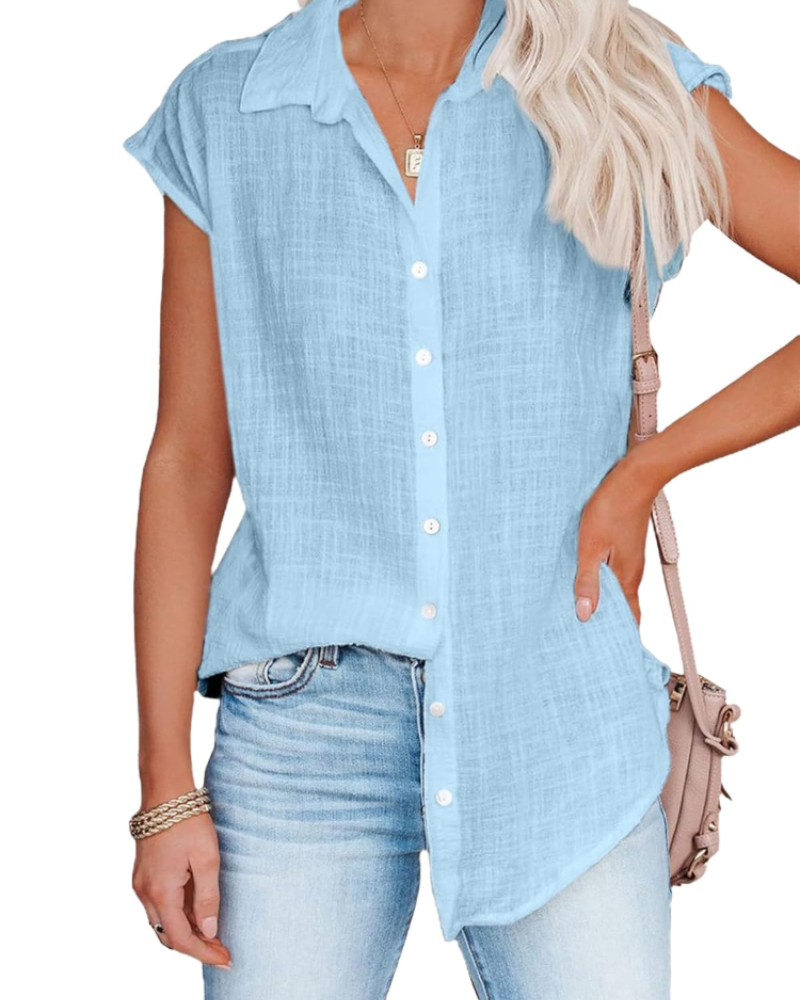 Maya Women's Summer Blouse – Linen V-Neck Buttoned Short Sleeves