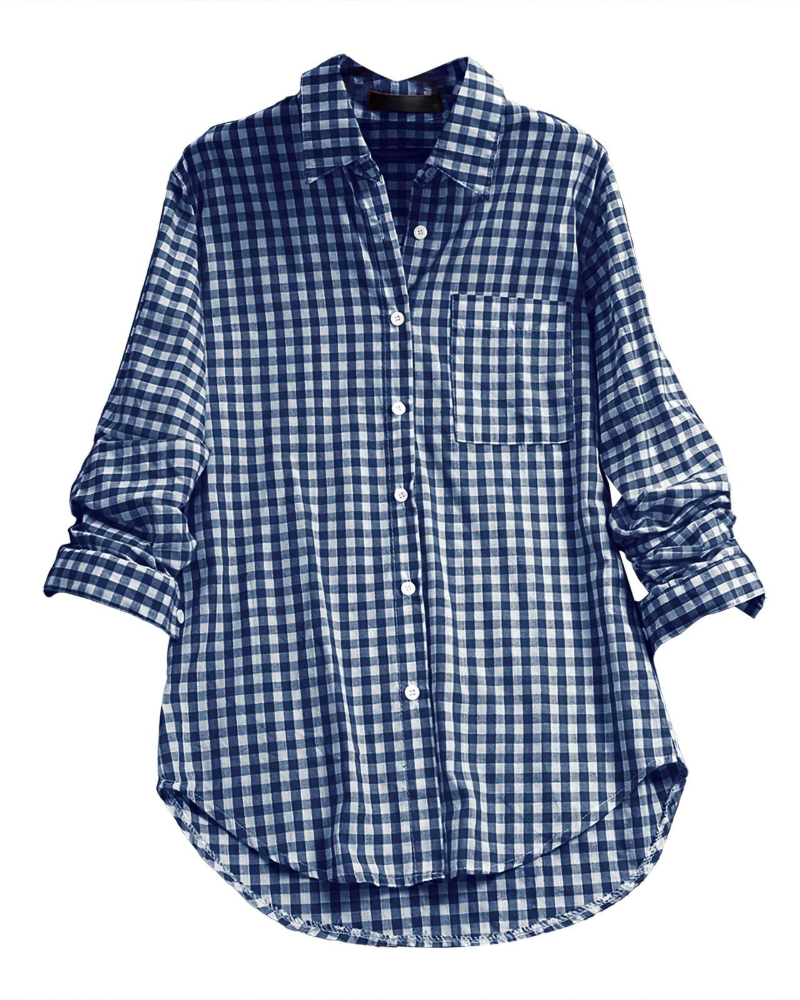 Blusa Charlotte para mujer verano – Cuadros, cuello en V, abotonada, mangas largas