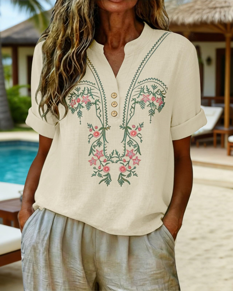 Dallie Damenbluse Sommer – Leinen mit floraler Stickerei, V-Ausschnitt, Knopfleiste