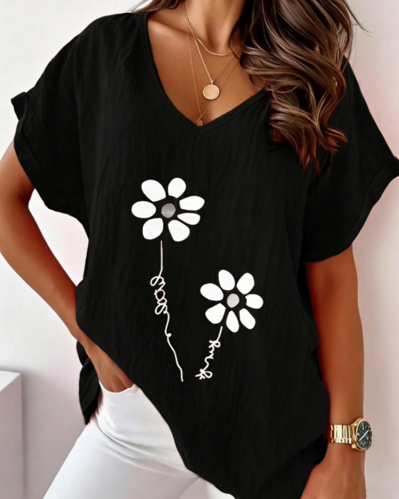 Γυναικείο T-Shirt Daisy Καλοκαίρι – Ζωντανό Ροζ V Λαιμόκοψη με Εκτύπωση Μαργαρίτες