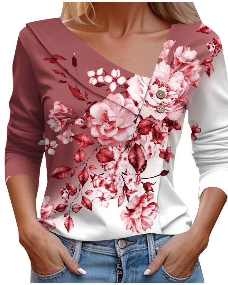 T-shirt estivo donna Emily – Scollo a V con stampa, maniche lunghe leggere