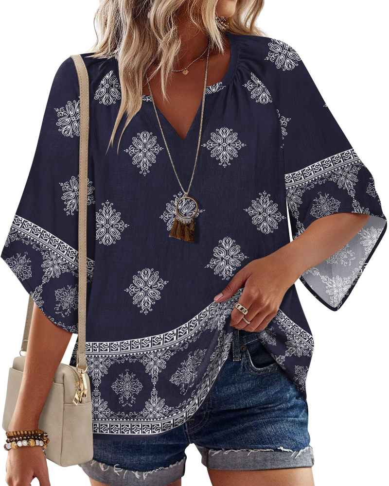 Vivienne Bohemian Women's Shirt – V-Neck Henley Blouse with Floral Print and Flared Sleeves