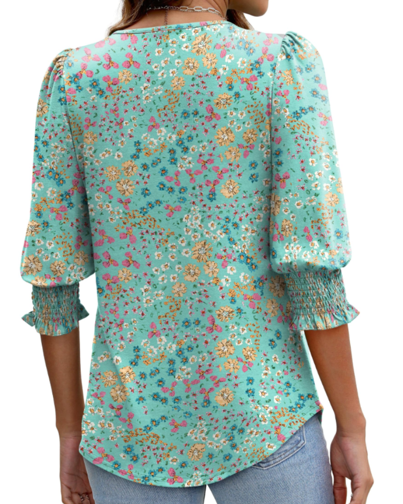 Sophie Blouse Femme Élégante – Manches 3/4 Froncées Col Rond