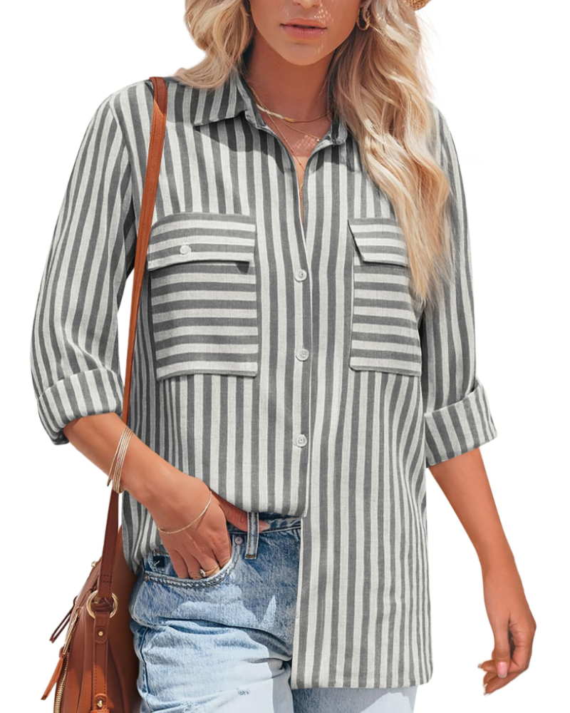 Blusa Mila Donna – Cotone a Righe, Collo a V con Bottoni, Maniche Lunghe