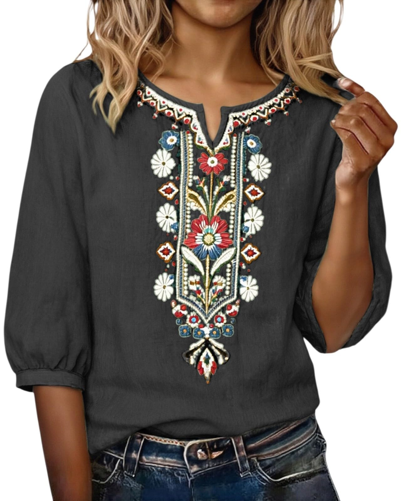 Blusa Sarah Mulher Verão – Linho Algodão Bordado Floral Decote em V
