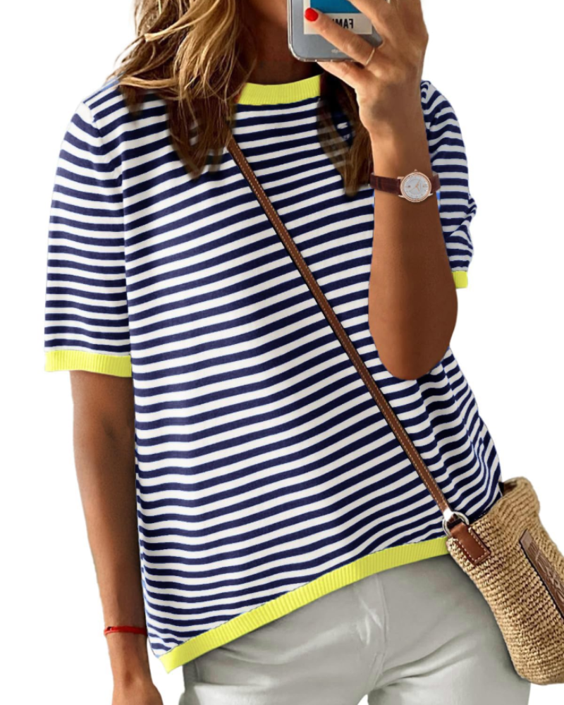 Charlotte Haut Malha Listrada Mulher – T-shirt Gola Redonda Leve com Mangas Curtas