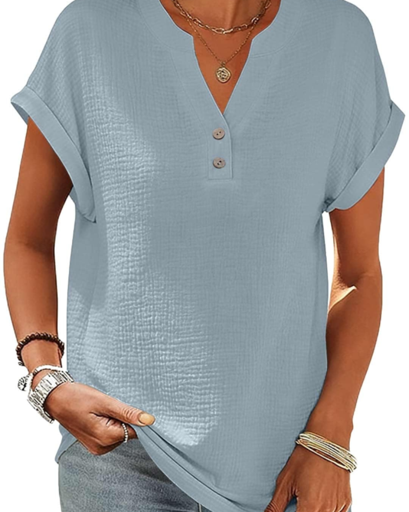 Olivia Bluse Damen Sommer – Leinen Baumwolle V-Ausschnitt Knopfleiste Kurzarm