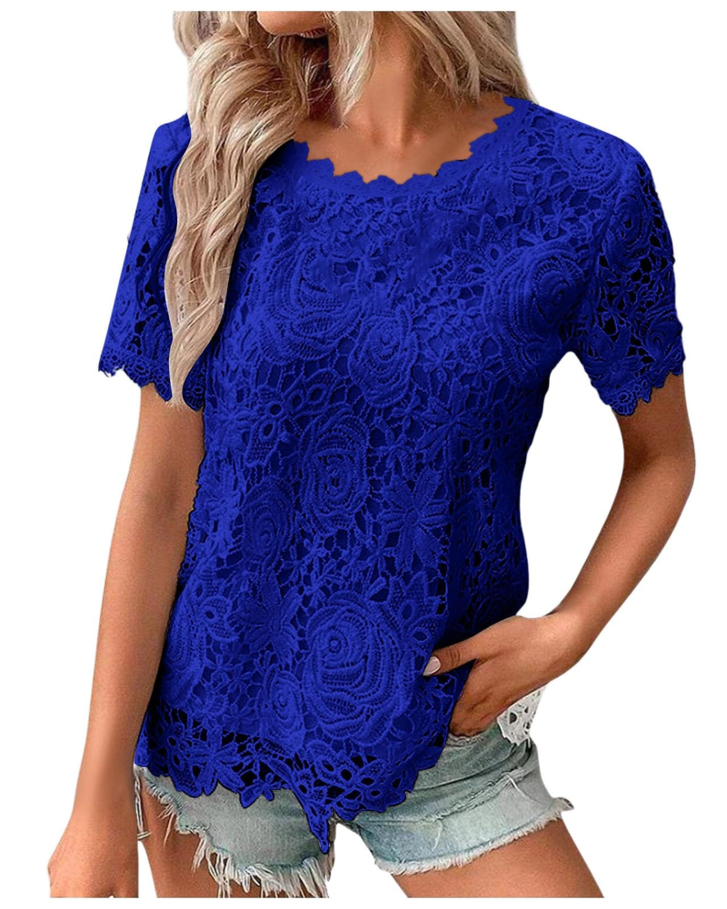 Sophie Bluse Damen Sommer – Spitzen Rundhalsausschnitt Volantärmel