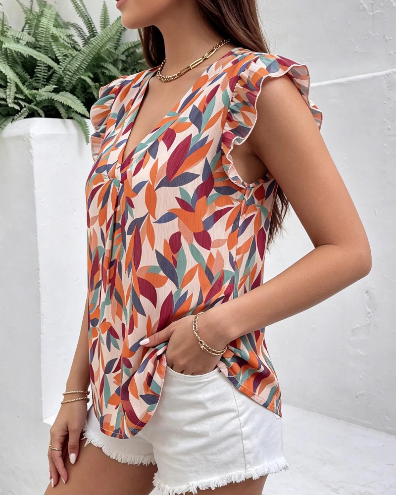 Blusa Loev Mulher Verão – Estampado Folhas Decote V Mangas com Folhos