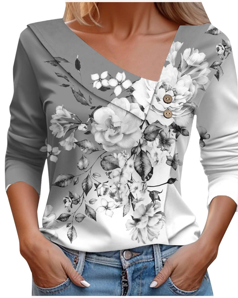 T-shirt estivo donna Emily – Scollo a V con stampa, maniche lunghe leggere