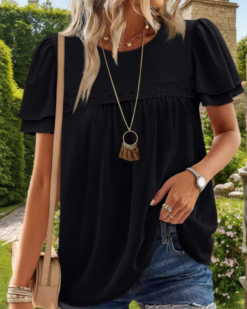 Dámská halenka Lily s peplum – elegantní halenka s výstřihem do V a volánky, krátké rukávy