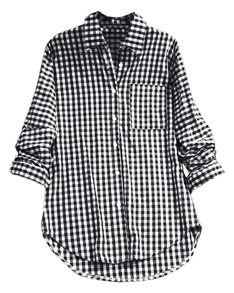 Blusa Charlotte para mujer verano – Cuadros, cuello en V, abotonada, mangas largas