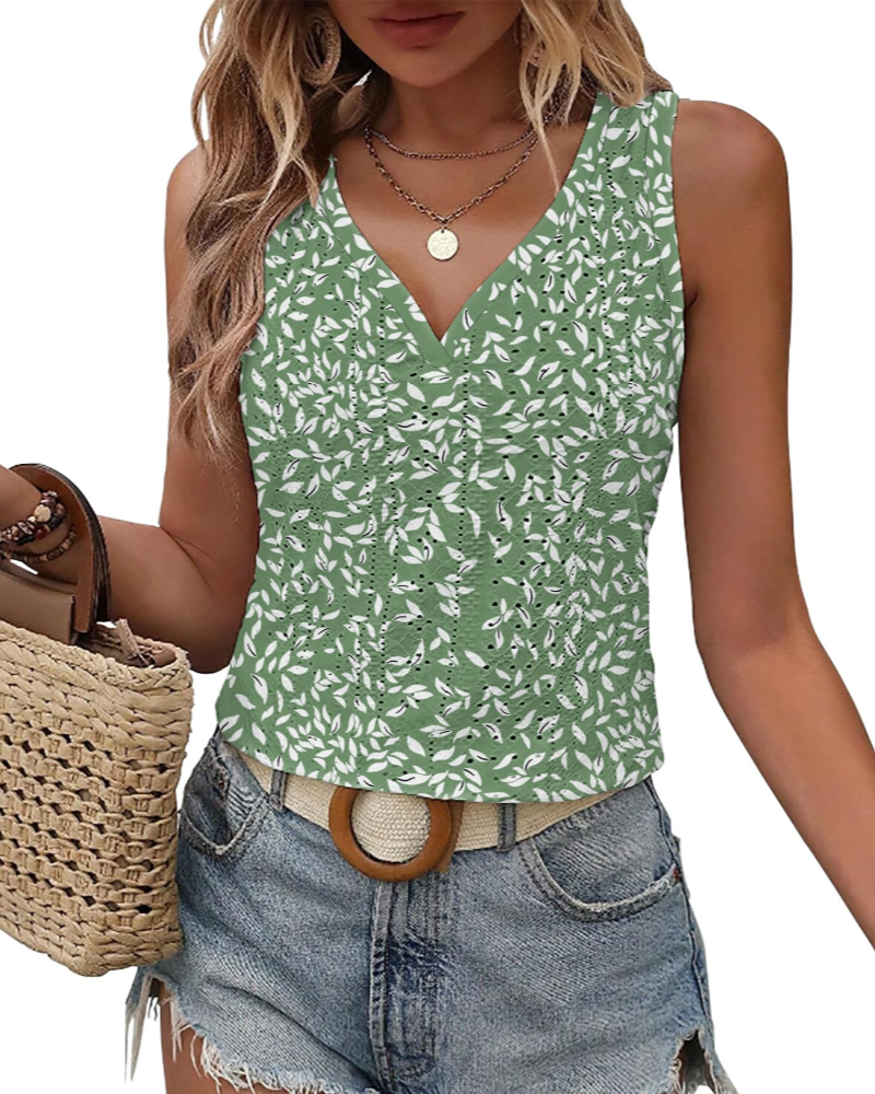 Claire Dames Topje met Borduursel – Mouwloos V-hals Elegant Geperforeerd voor de Zomer