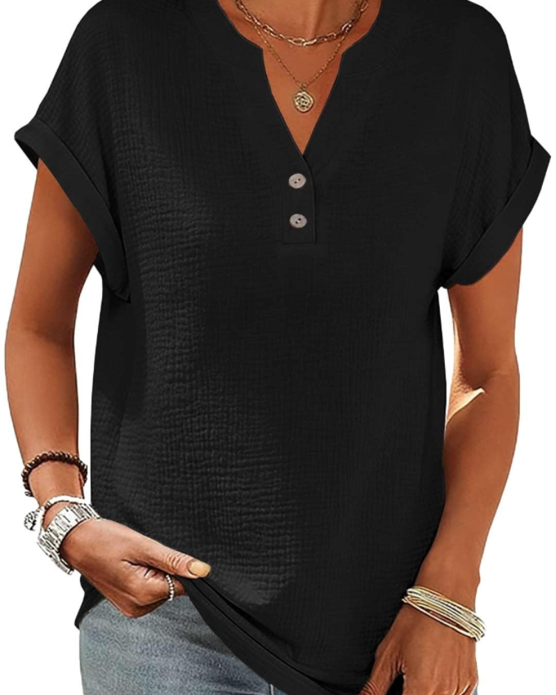 Olivia Bluse Damen Sommer – Leinen Baumwolle V-Ausschnitt Knopfleiste Kurzarm
