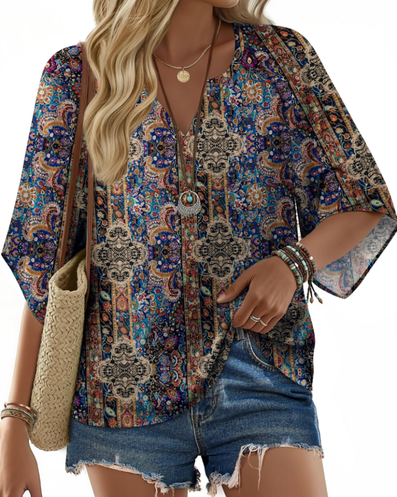 Vivienne Bohemian Women's Shirt – V-Neck Henley Blouse with Floral Print and Flared Sleeves