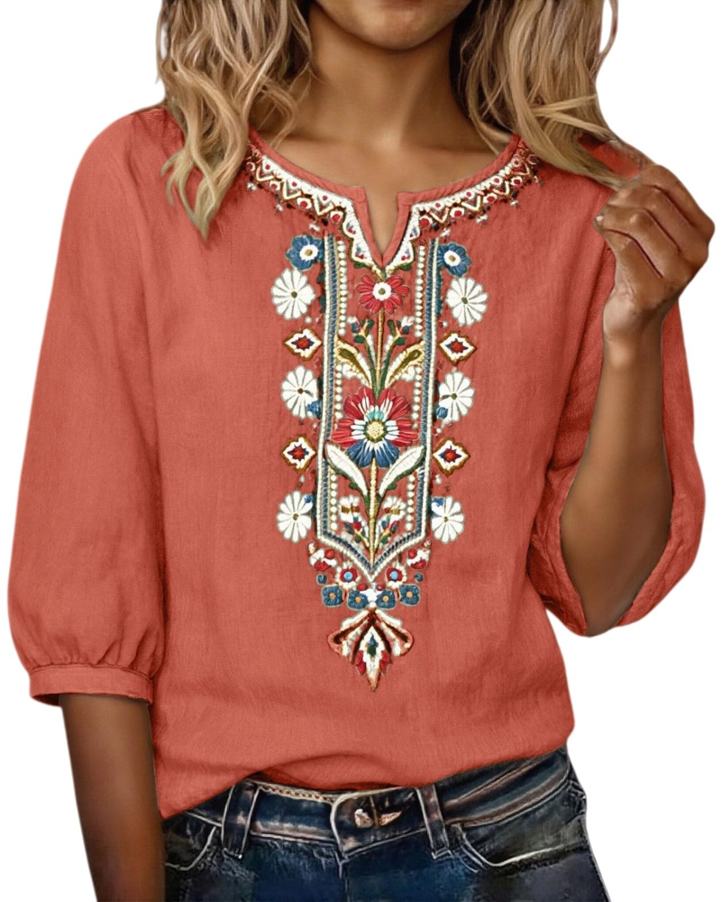 Blusa Sarah Mulher Verão – Linho Algodão Bordado Floral Decote em V