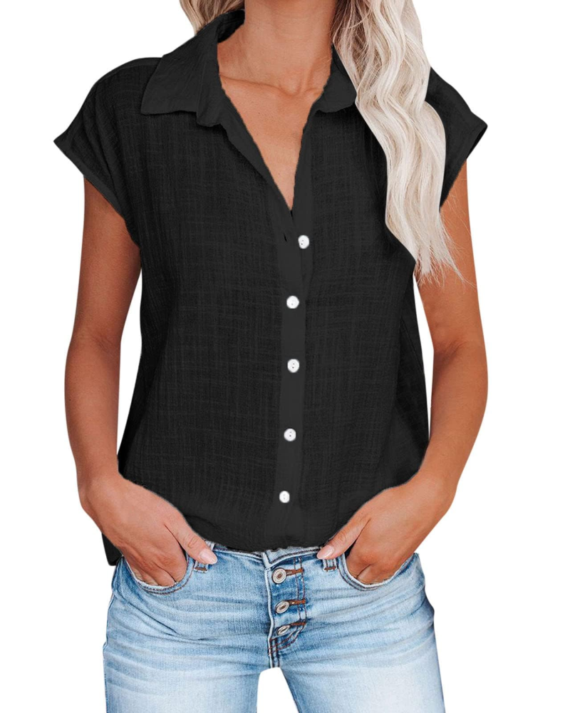 Maya Women's Summer Blouse – Linen V-Neck Buttoned Short Sleeves