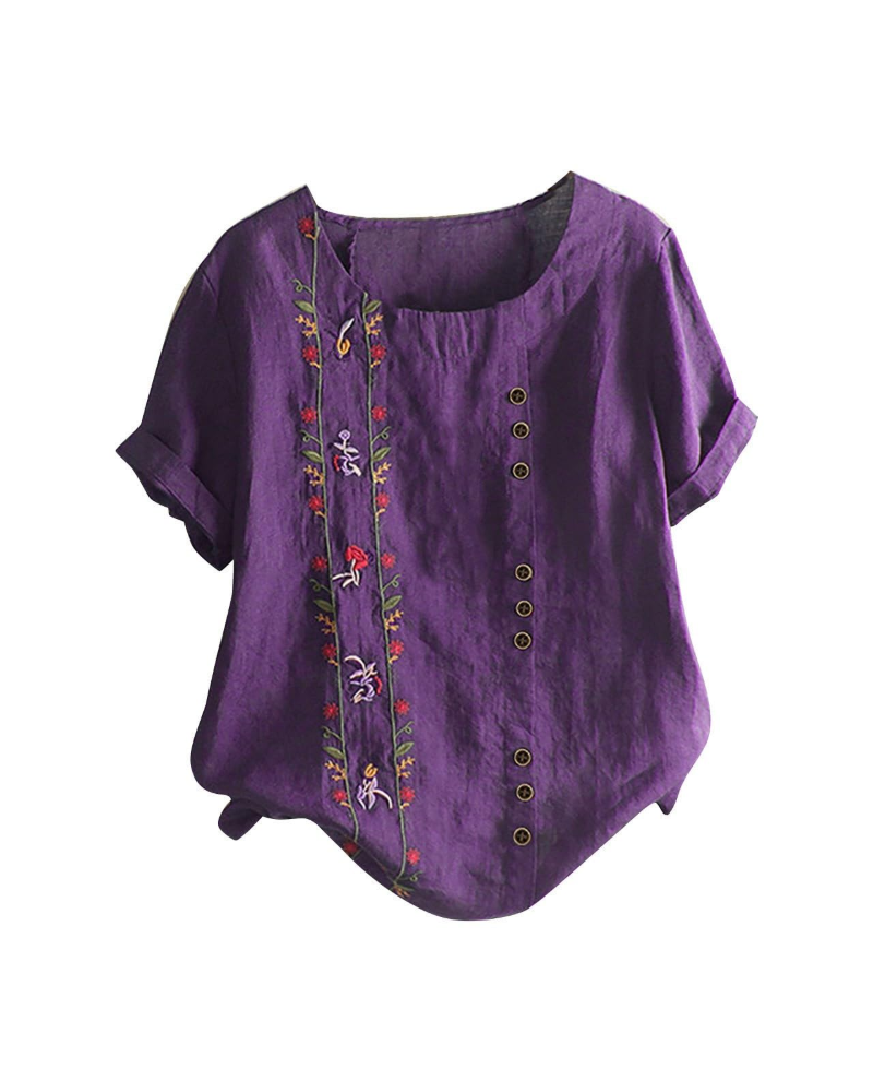 Amelia Chemisier Femme en Lin – Blouse Fleurie Coton & Lin à Manches Courtes