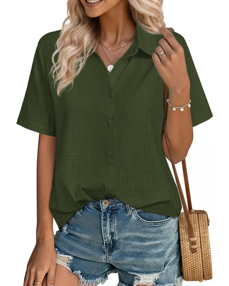 Phia Chemisier Femme en Coton-Lin – Blouse Col V Boutonnée à Manches Courtes d’Été