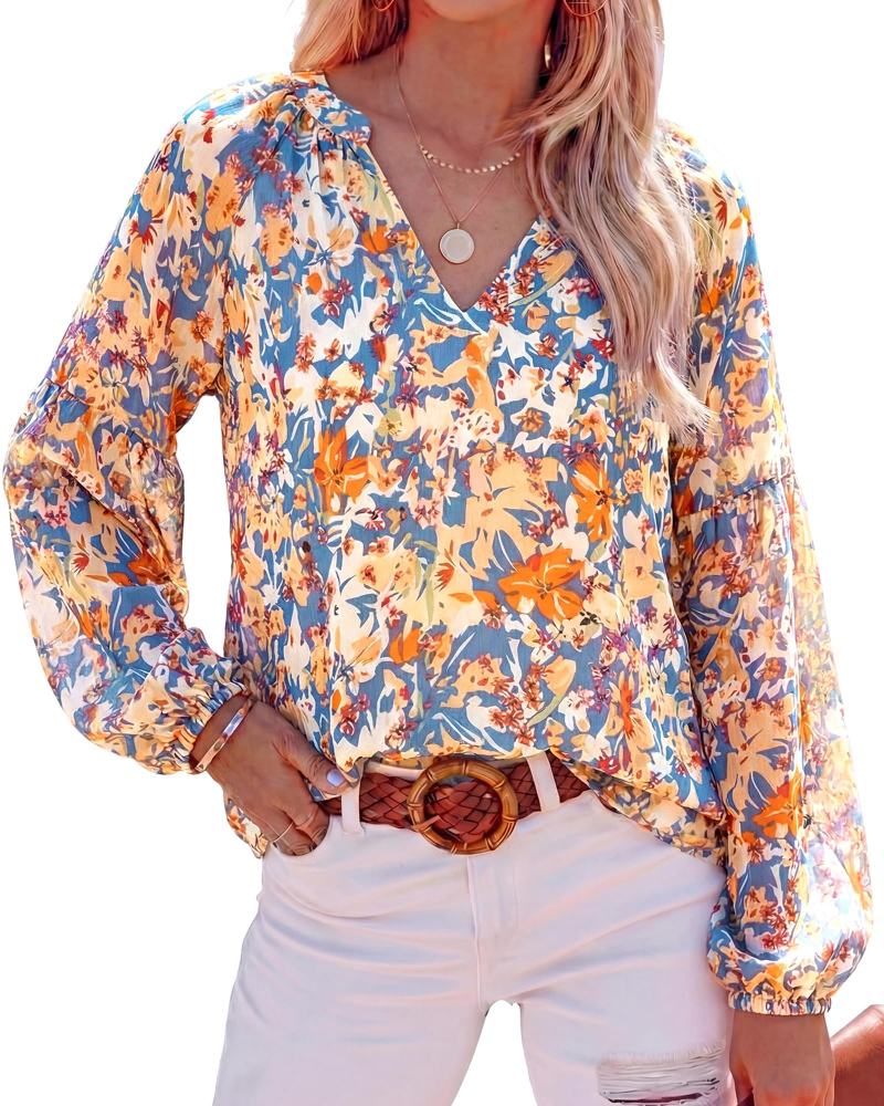 Blusa Paisley Mujer Floral – Blusa Bohemia con Cuello en V y Mangas Largas de Gasa
