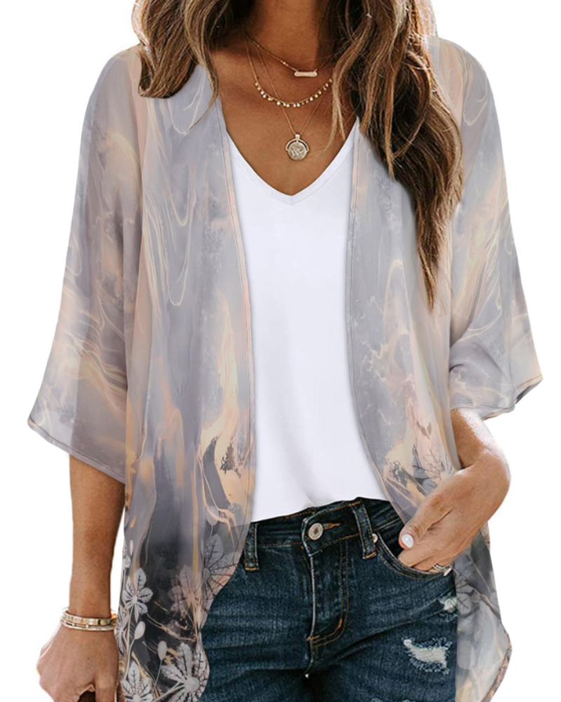 Bianca Kimono Kvinde Boheme – Let Blomstret Vest i Mousseline med 3/4-Ærmer