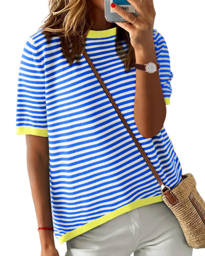 Charlotte Haut Malha Listrada Mulher – T-shirt Gola Redonda Leve com Mangas Curtas