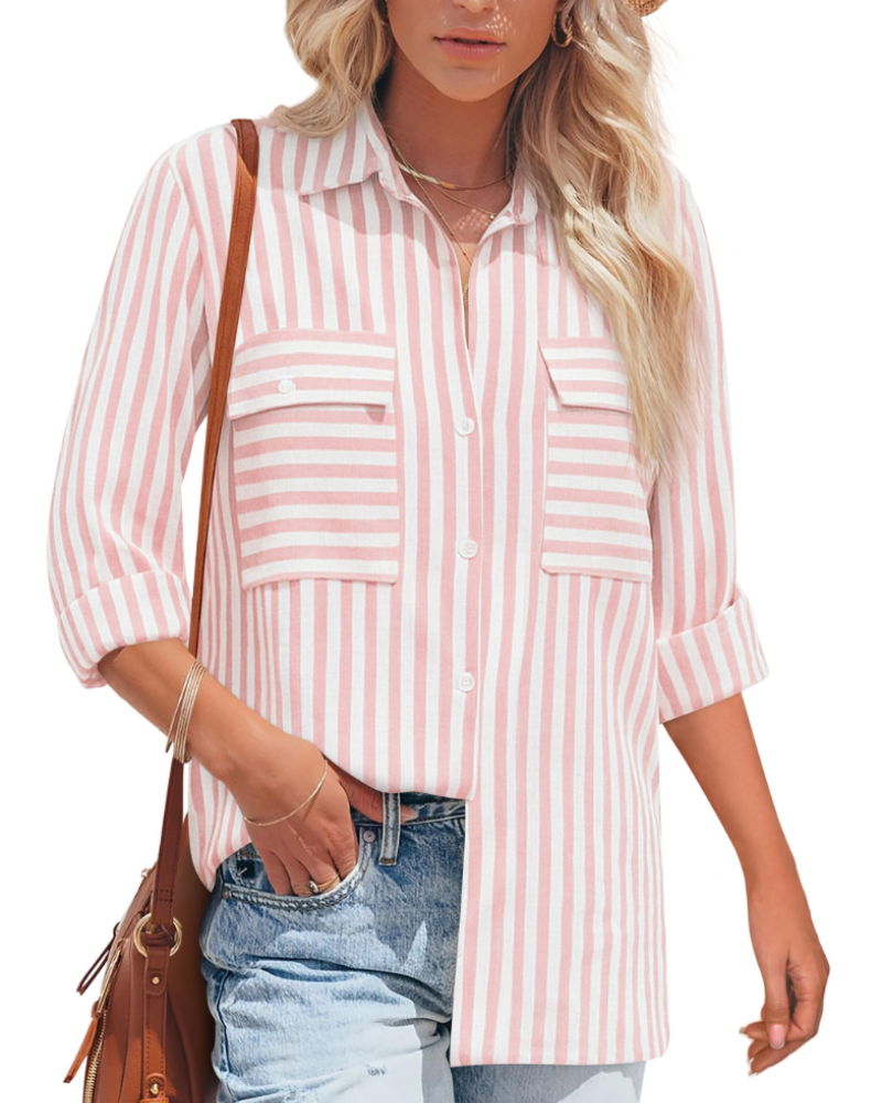 Blusa Mila Donna – Cotone a Righe, Collo a V con Bottoni, Maniche Lunghe