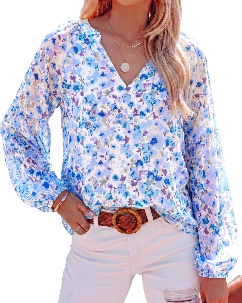 Blusa Paisley Mujer Floral – Blusa Bohemia con Cuello en V y Mangas Largas de Gasa